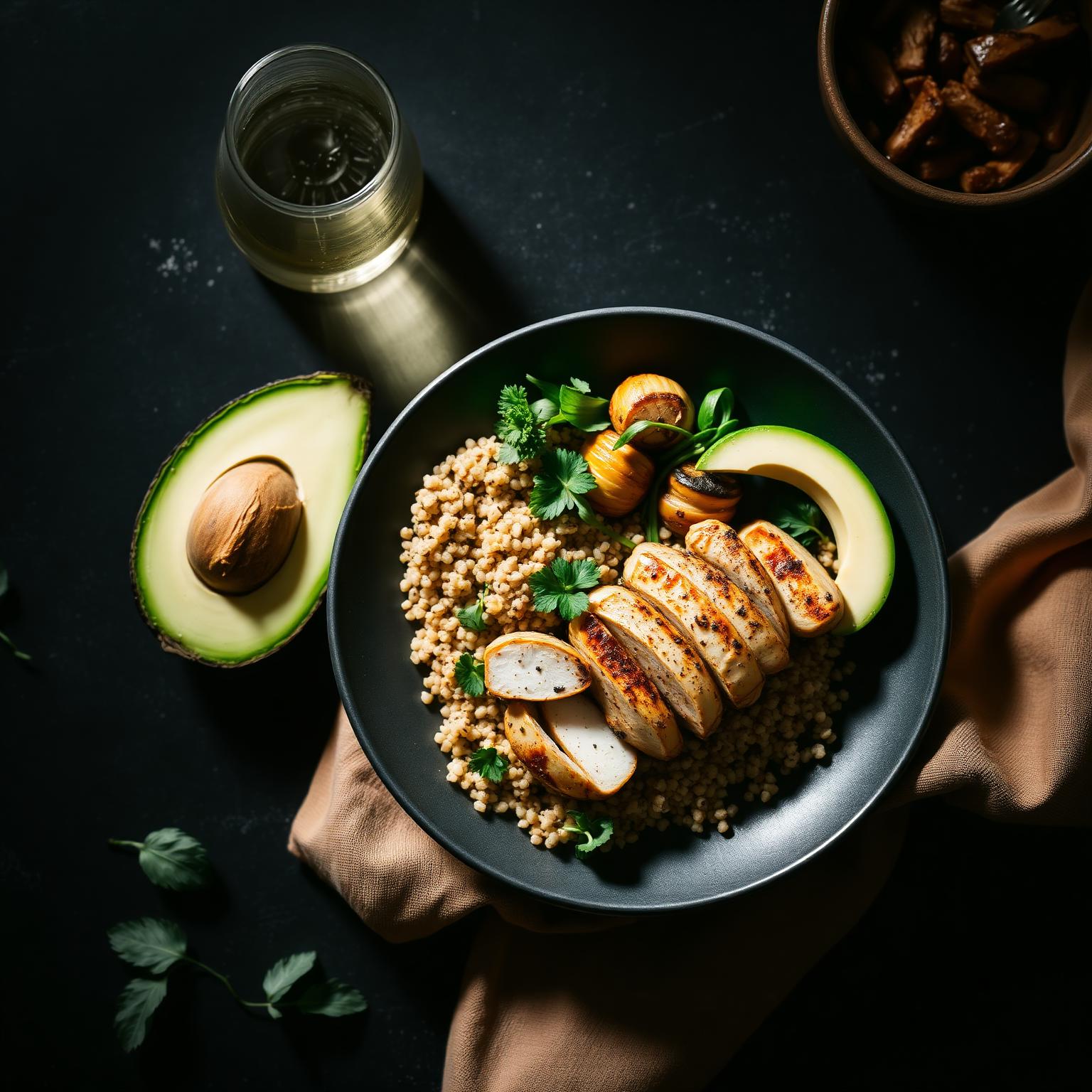 Bowl saudável com frango grelhado, quinoa e abacate